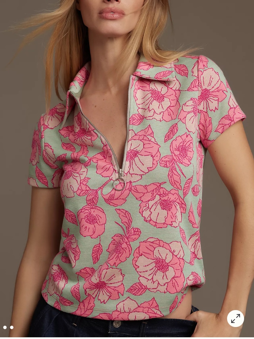 NWT Anthropologie Maeve knit Floral Zip Polo Top